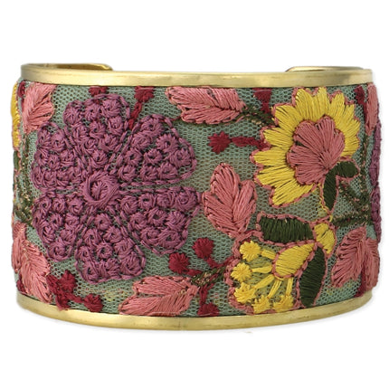 ZAD Mesh Pink Flower Embroidered Elegance Cuff Bracelet