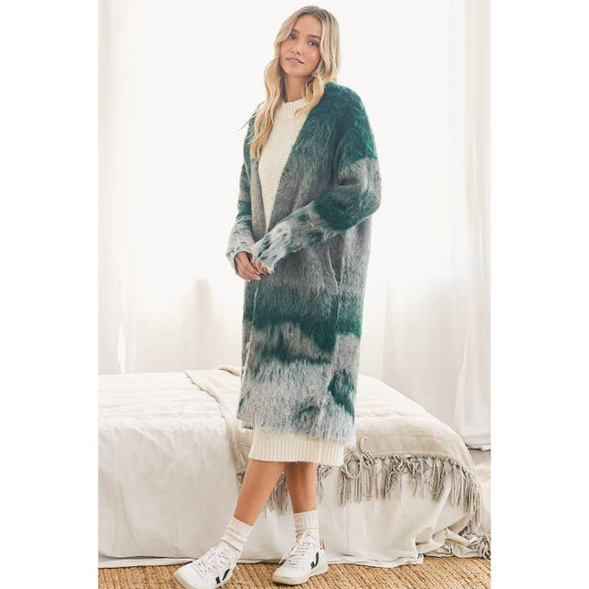 BLUIVY Open Front Print Brushed Knit Cardigan