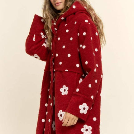 Floral Polka Dot Hooded Mid Length Coat