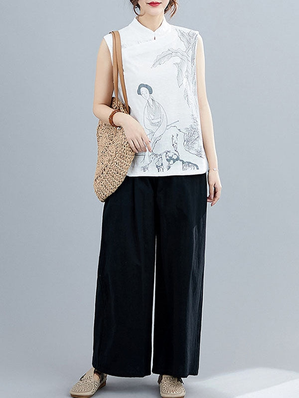 Artistic Printed Buttoned Stand Collar Sleeveless Vest