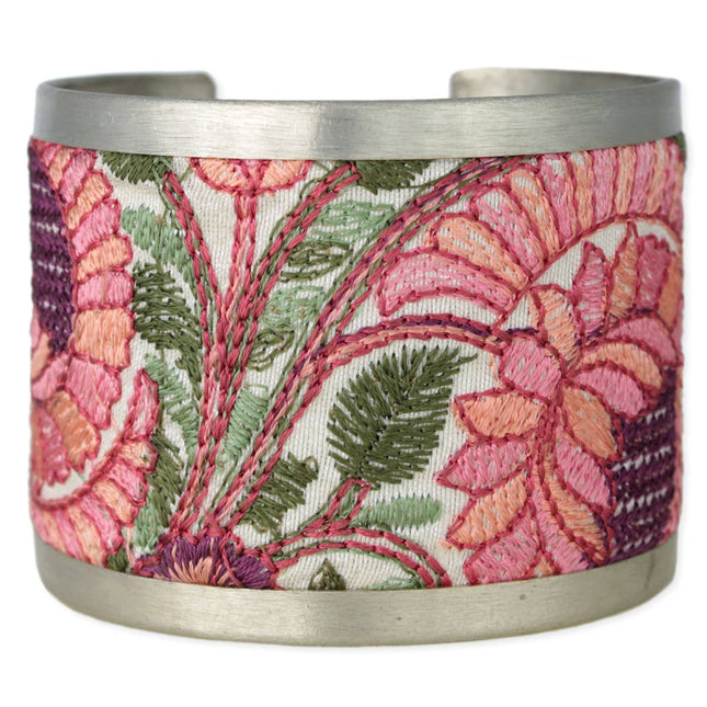 ZAD Pink Green Floral Embroidered Cuff Bracelet