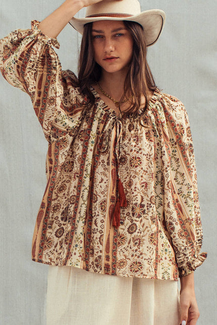 Urban Daizy Boho Off-Shoulder Floral Stripe Blouse