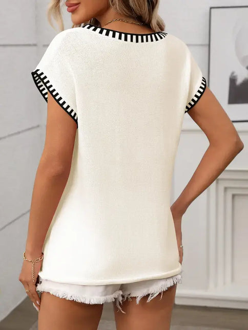 LOVESOFT White V Neck Cape Sleeve Knit Top