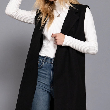 42 POPS Sleeveless Notched Collar Long Open Vest