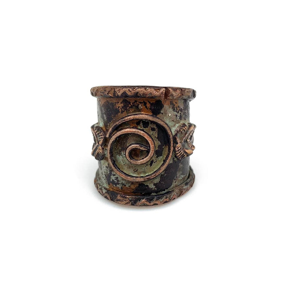 Copper Patina Ring - Turquoise Center Spiral and Leaves