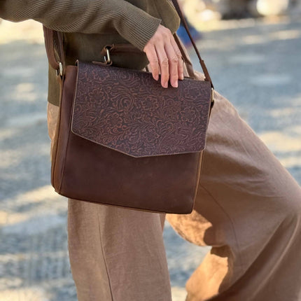 ROMA Vintage Leather Crossbody Handbag with Flower Printing