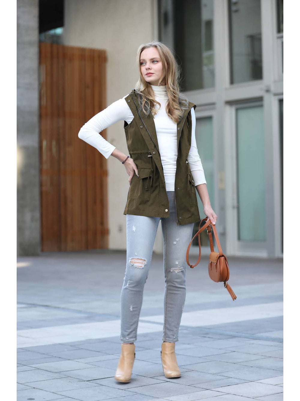 Drawstring Waist Military Hoodie Vest with Pockets