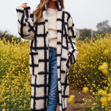 Plaid Pockets Notched Lapels Collar Long Coat