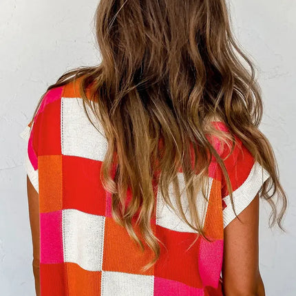 LOVESOFT Color Block Cap Sleeve Knit Sweater Top