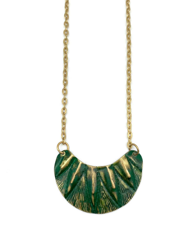 Brass Patina Necklace - Green Triangles On Curved Pendant