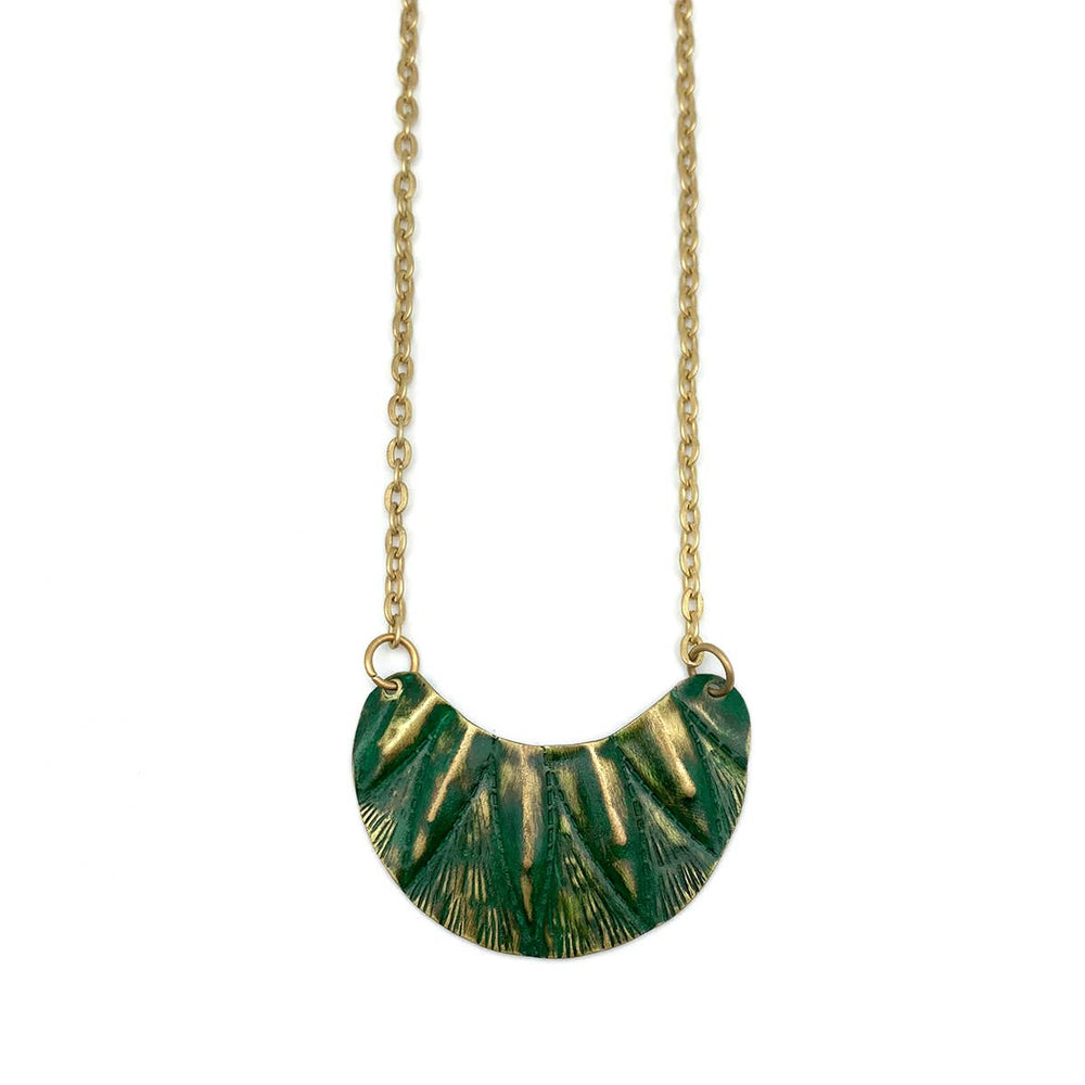 Brass Patina Necklace - Green Triangles On Curved Pendant