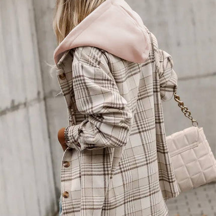 LOVESOFT Khaki Plaid Buttoned Shacket