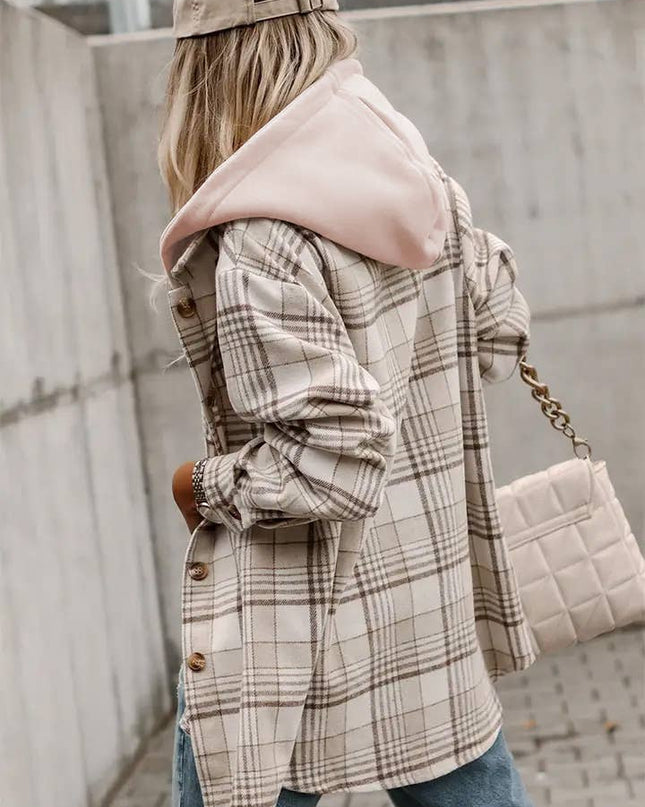 LOVESOFT Khaki Plaid Buttoned Shacket