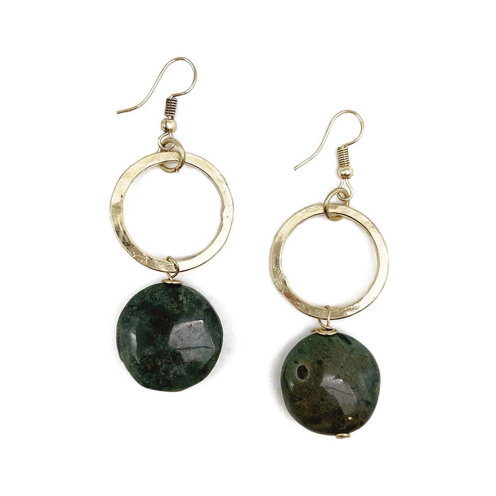 Gold-Plated Long Earrings with Moss Agate Stones