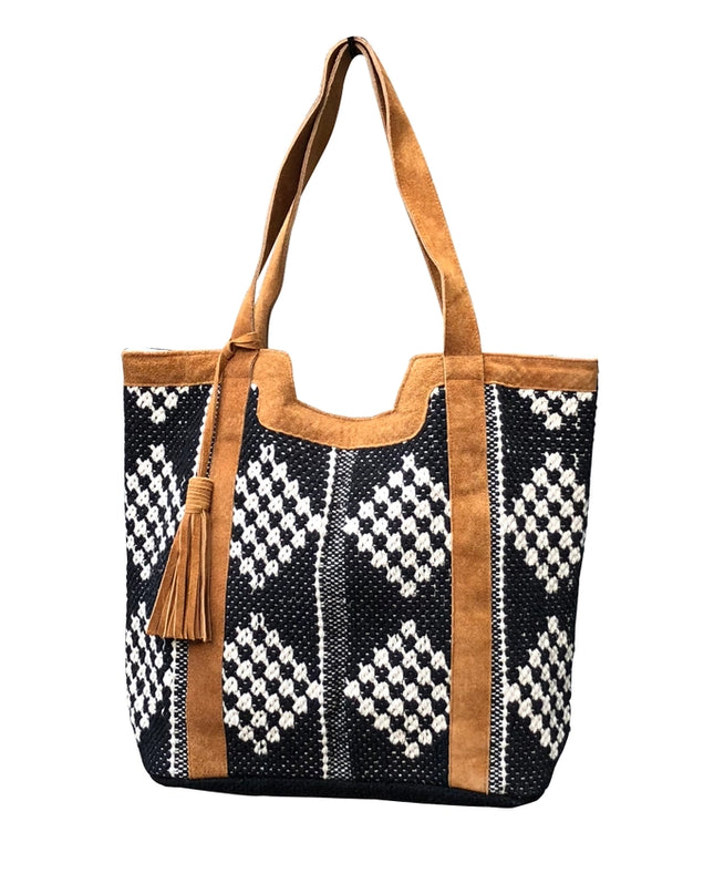 Chloe & Lex Leather Trimmed Black and White Diamond Tote