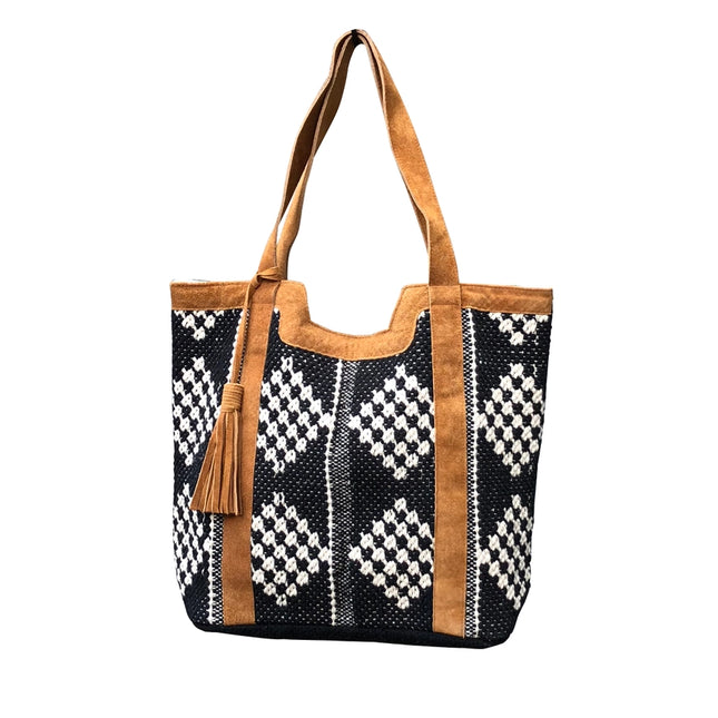 Chloe & Lex Leather Trimmed Black and White Diamond Tote