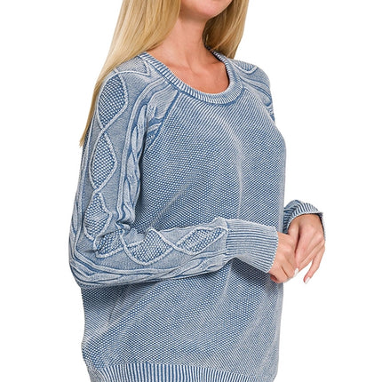 42 POPS Washed Cable Sleeve Crewneck Sweater