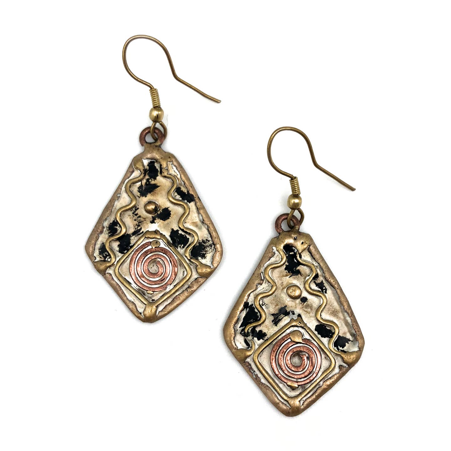 Brass Patina Earrings - White Diamond with Spiral