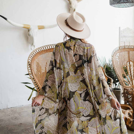 Ikebana Print Kimono W/Skinny Suede Tie Belt