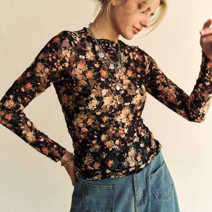 Floral Print Mesh Long Sleeve Layering Top