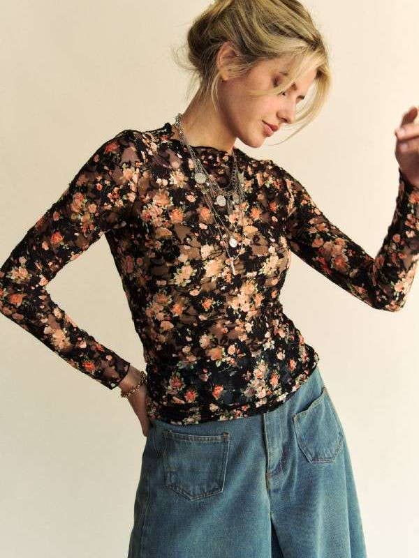 Floral Print Mesh Long Sleeve Layering Top