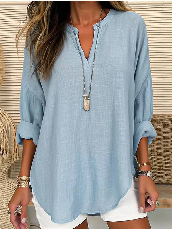 Linen Long Sleeve Casual V Neck Top