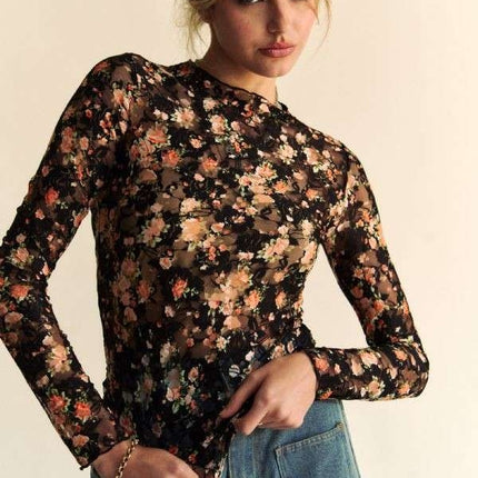 Floral Print Mesh Long Sleeve Layering Top