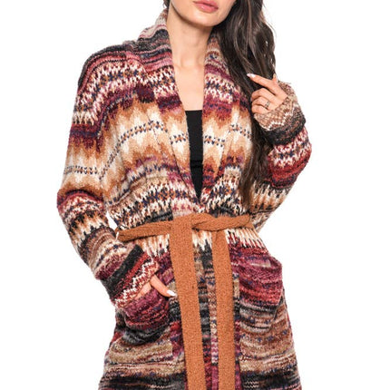 ADORE  Southwest Stripe Belted Cardigan – Sunset Tones