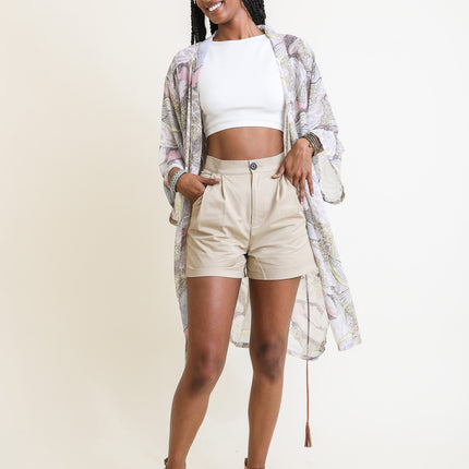 Ikebana Print Kimono W/Skinny Suede Tie Belt