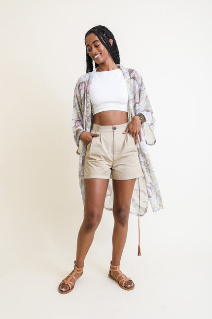 Ikebana Print Kimono W/Skinny Suede Tie Belt