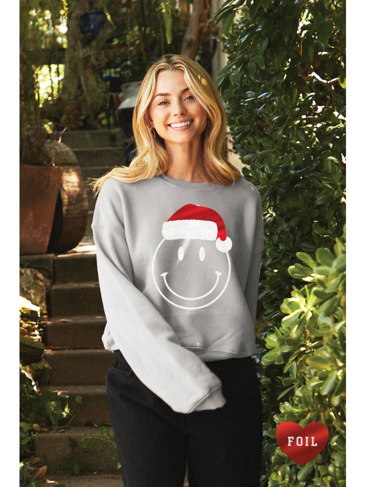 Smiley Face Santa Foil Mid Graphic Sweatshirt