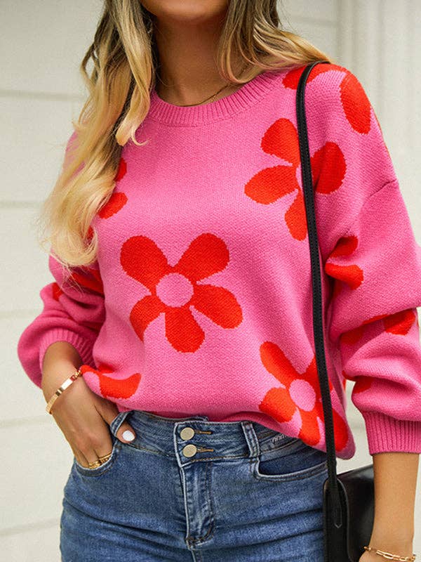 Long Sleeves Loose Knitted Flower Round-Neck Knitwear Pullovers Sweater