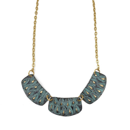 Brass Patina Necklace - Aqua On Brown Teardrops and Dots Bib