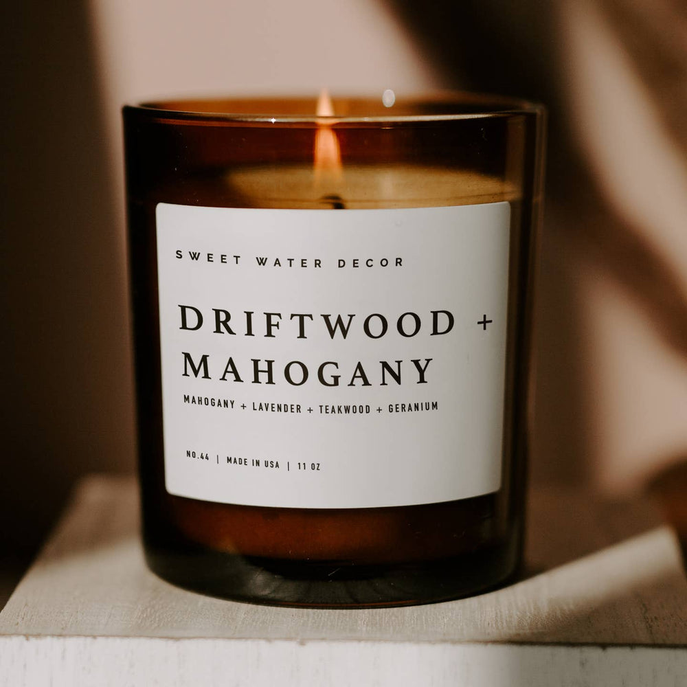 Driftwood & Mahogany 11 Oz Soy Amber Glass Candle