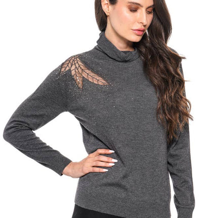 ADORE Charcoal Knit Sweater with Mesh & Rhinestone Leaf