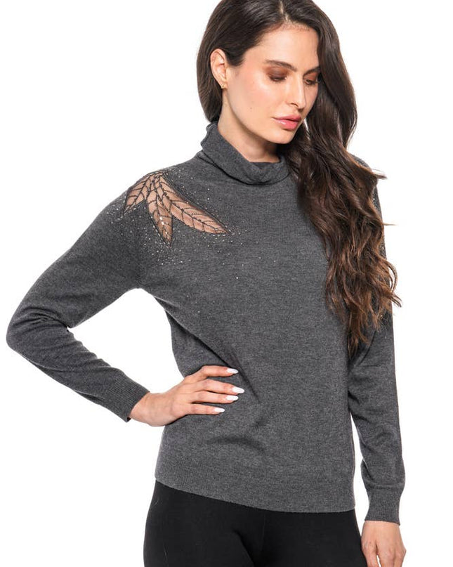 ADORE Charcoal Knit Sweater with Mesh & Rhinestone Leaf