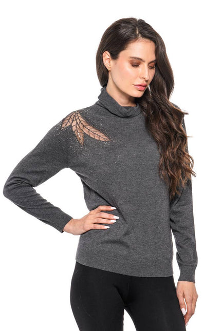 ADORE Charcoal Knit Sweater with Mesh & Rhinestone Leaf