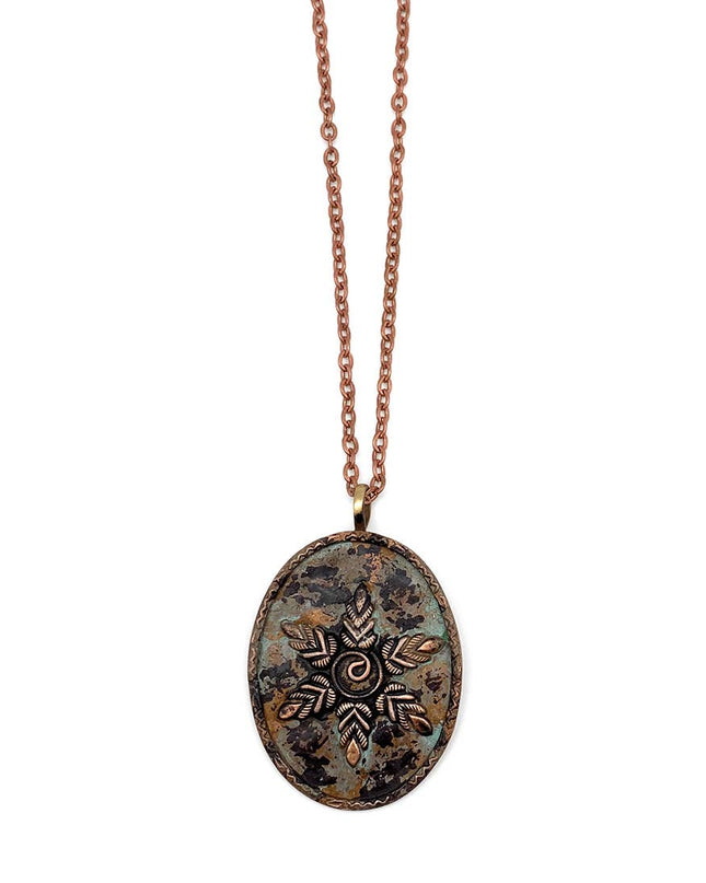 Copper Patina Necklace - Leaves & Spiral Turquoise Pendant