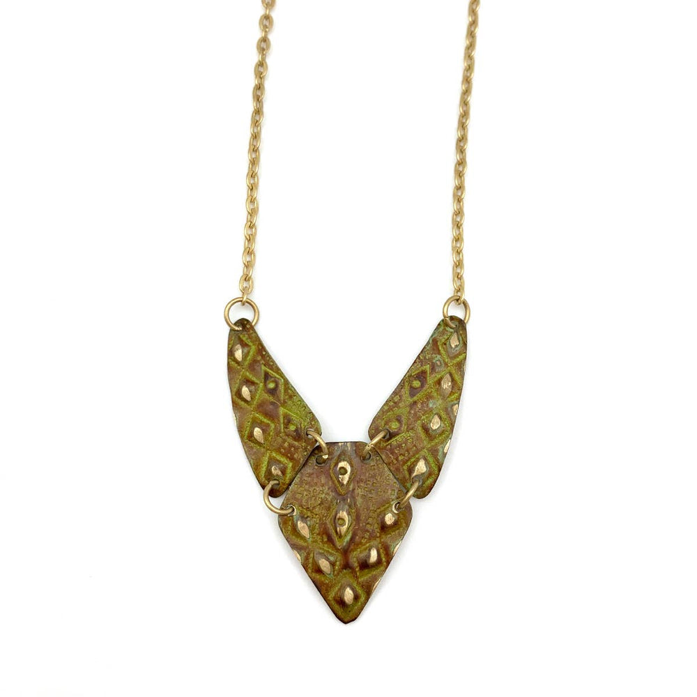 Brass Patina Necklace - Burnt Orange Textured Diamonds Bib