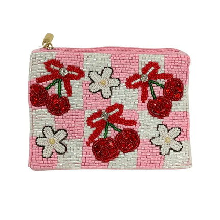 Fully Beaded Cherries and Flowers Coin Purse
