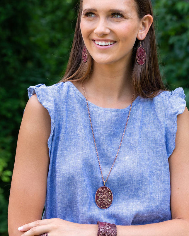 Copper Patina Necklace - Burgundy Filigree & Spirals Pendant