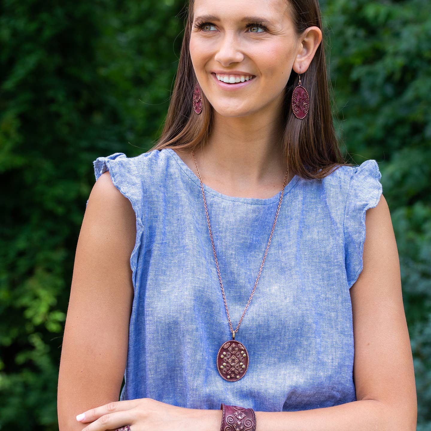 Copper Patina Necklace - Burgundy Filigree & Spirals Pendant