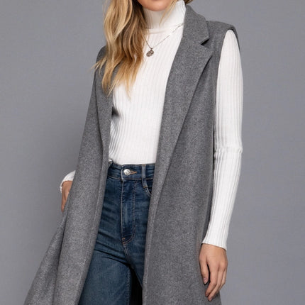42 POPS Sleeveless Notched Collar Long Open Vest
