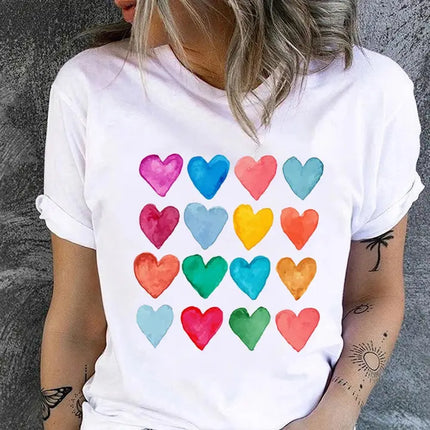 LOVESOFT White Colorful Hearts Crew Neck T Shirt