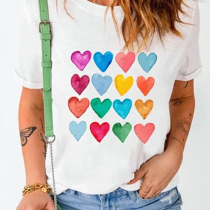 LOVESOFT White Colorful Hearts Crew Neck T Shirt
