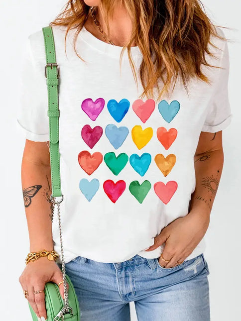 LOVESOFT White Colorful Hearts Crew Neck T Shirt