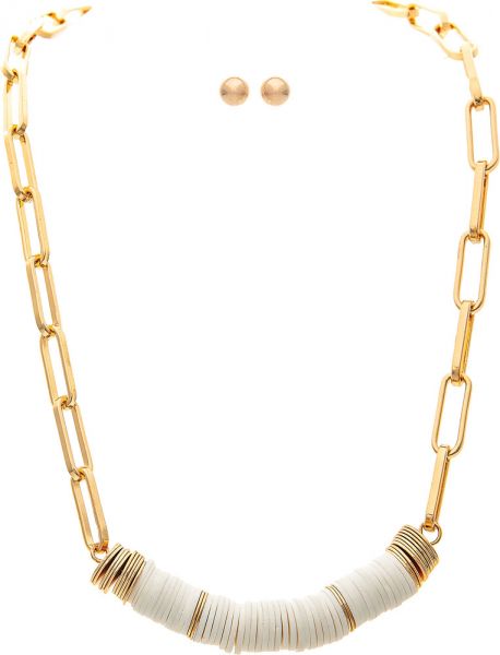Gold White Disc Bead Chain Necklace Set