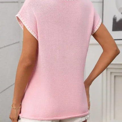 LOVESOFT Pink V Neck Cape Sleeve Knit Top