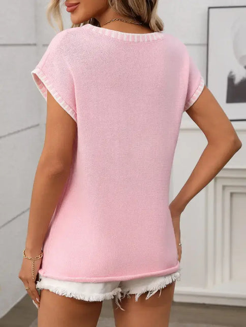 LOVESOFT Pink V Neck Cape Sleeve Knit Top