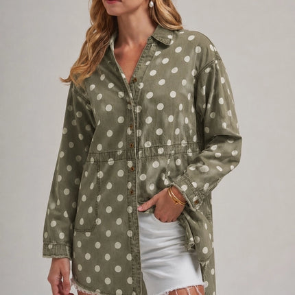 BON Polka Dot Fall Chambray Shirt Top with Pockets - Vintage Olive